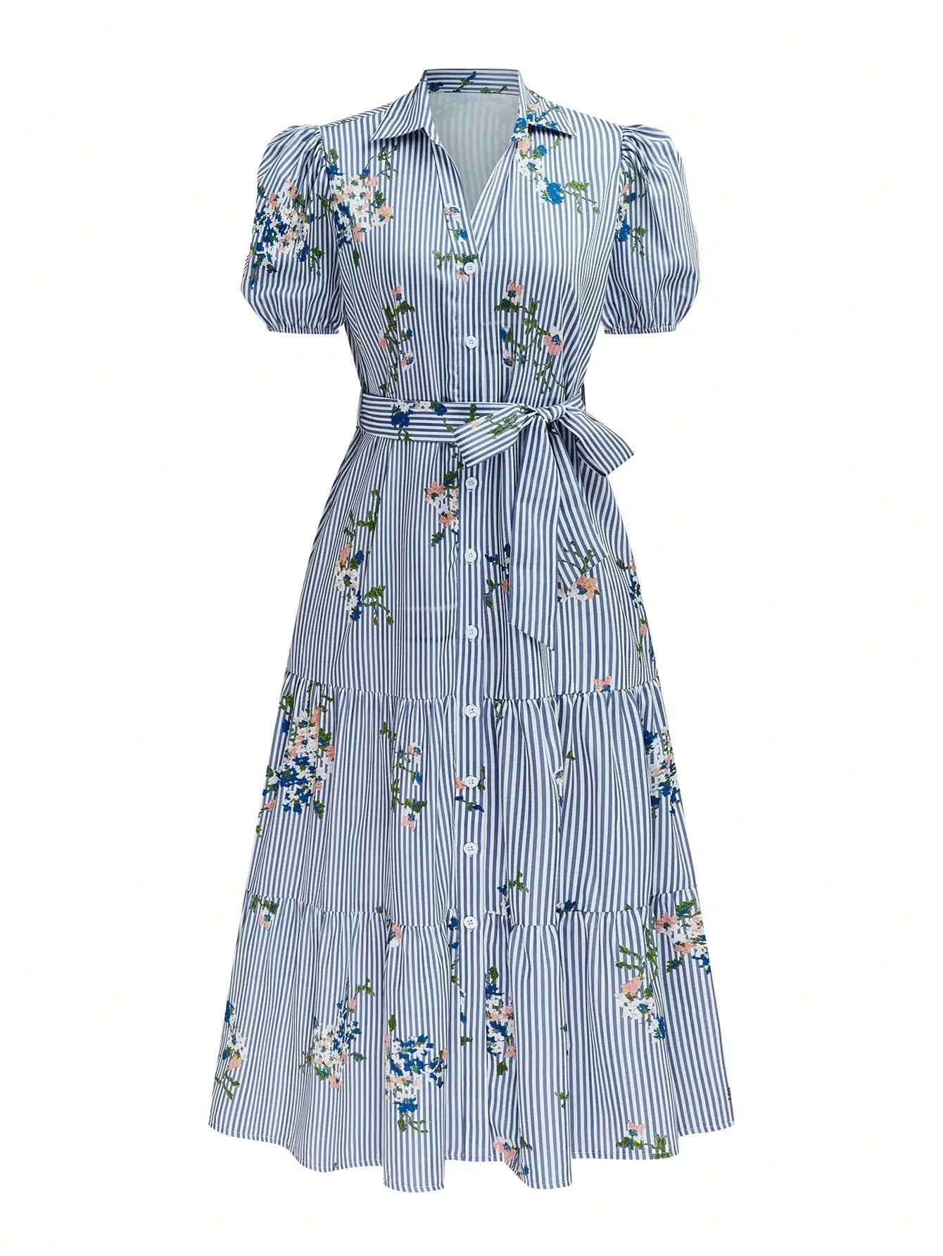 Striped Floral Embroidered Midi Dress With Collar Puff Sleeves Tie-Up Waist