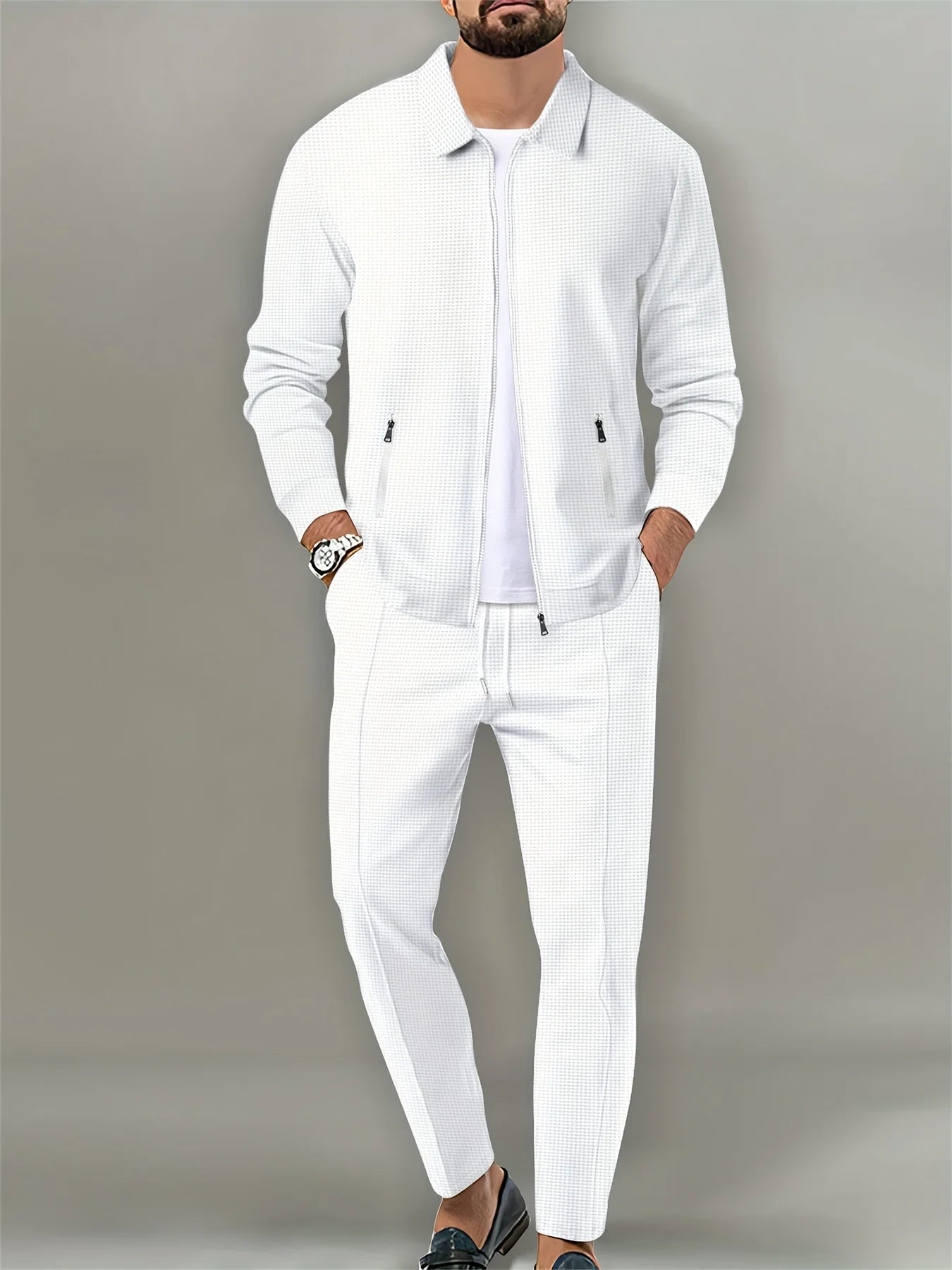 Men's coat, waffle, zipper pocket, lapel, slim cardigan, Men's jacket set