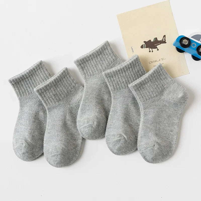 5 Pairs Children  Cotton Socks  Black, White, Gray For 1-12 Years