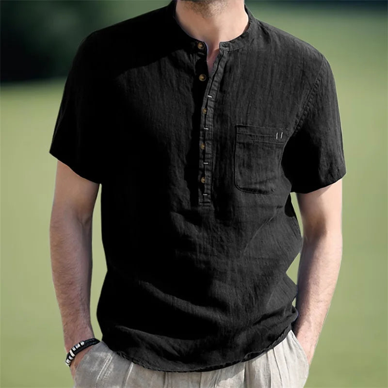 Casual Short Sleeve Linen Shirt Lightweight Breathable with Round Neck