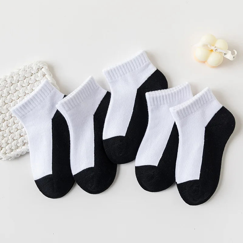 5 Pairs Children  Cotton Socks  Black, White, Gray For 1-12 Years