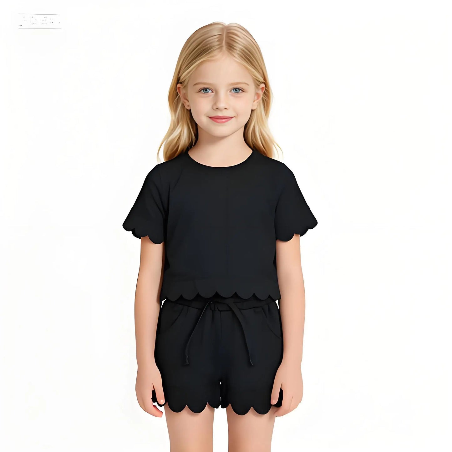Cotton Clothes Sets with Short Sleeve Top Pockets And Scallop Shorts