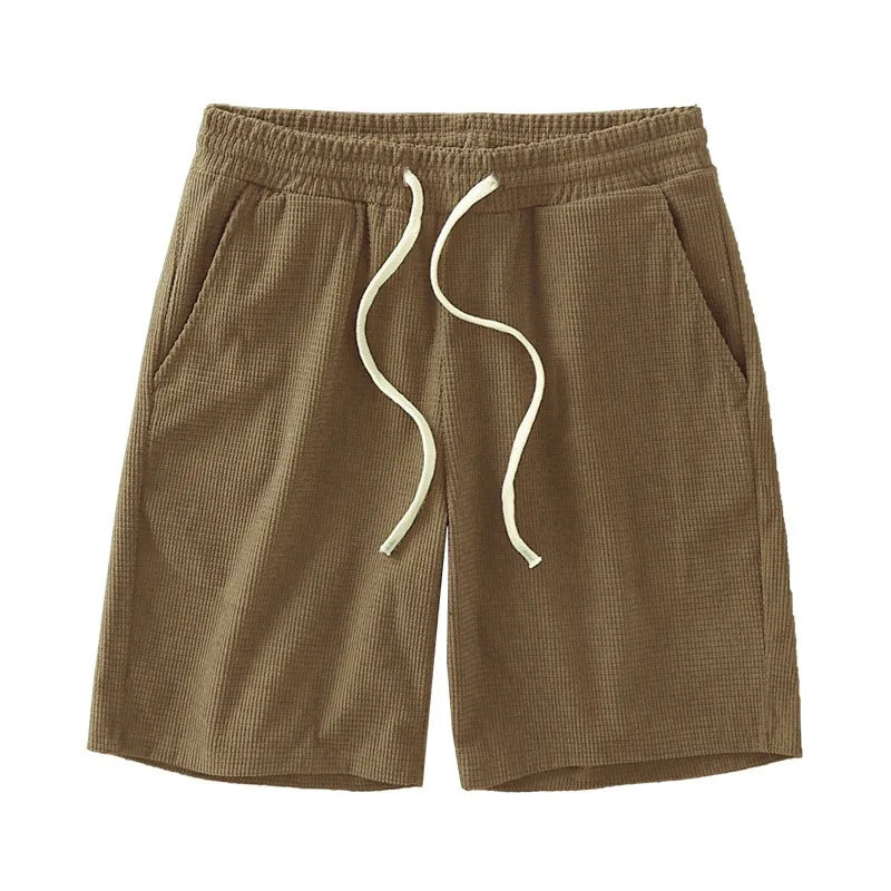 Men Shorts Solid Color Mid Waist, Waffle Texture Deep Crotch Drawstring, Loose Knee Length