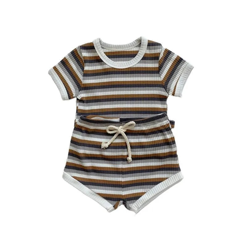 2 Pieces Boy Clothes Sets Soft Short Sleeve T-shirt Tops Striped Shorts