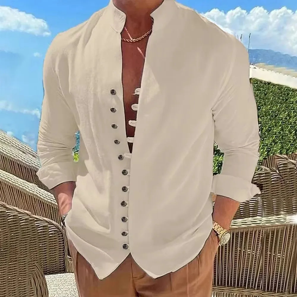 Men's Cotton Linen Shirt, Long-Sleeved, Solid Color Button Up