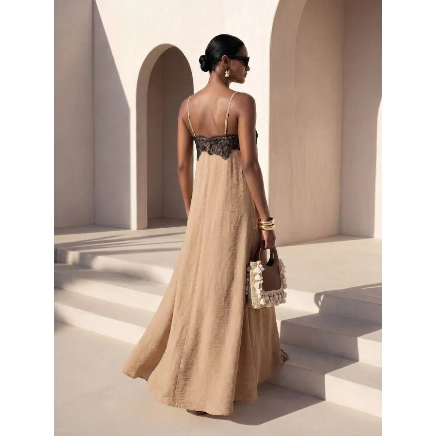 Floral Lace Splice Contrast Color A-Line Long Apricot Dress