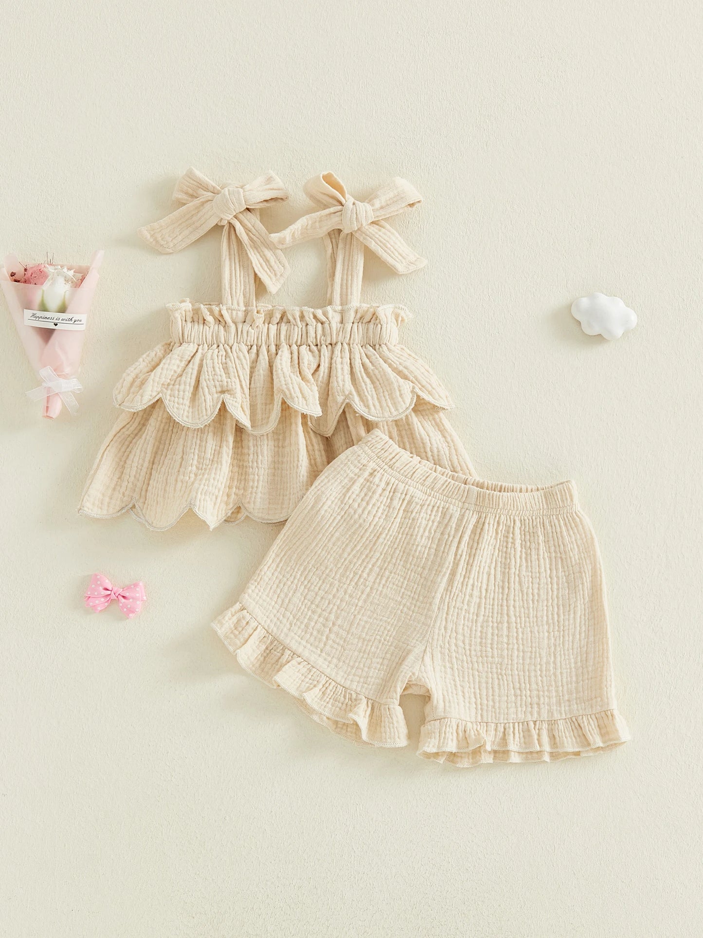 Sleeveless Crop Top and High Waisted Shorts Set with Ruffle Trim