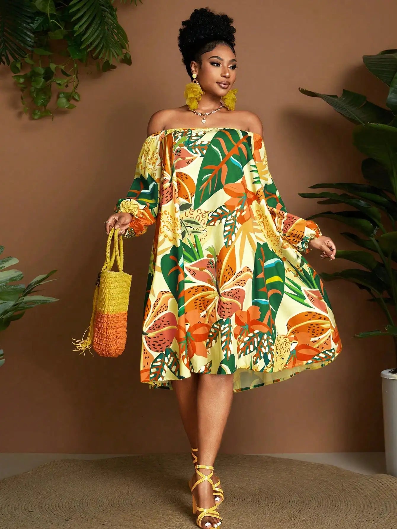 Off Shoulder Tropical Print Casual Vacation Dress