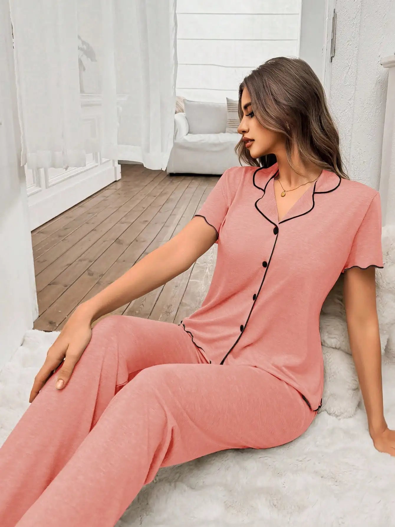 Women's Soft Lightweight Pajama Set with Ruffle Trim, Short Sleeve Top & Pants, Khaki Color