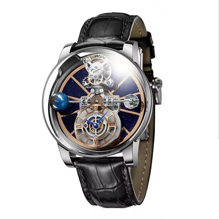 Man Wristwatch Transparent Hollow Design Celestial Roulette Quartz Watches Water Resistant Leather