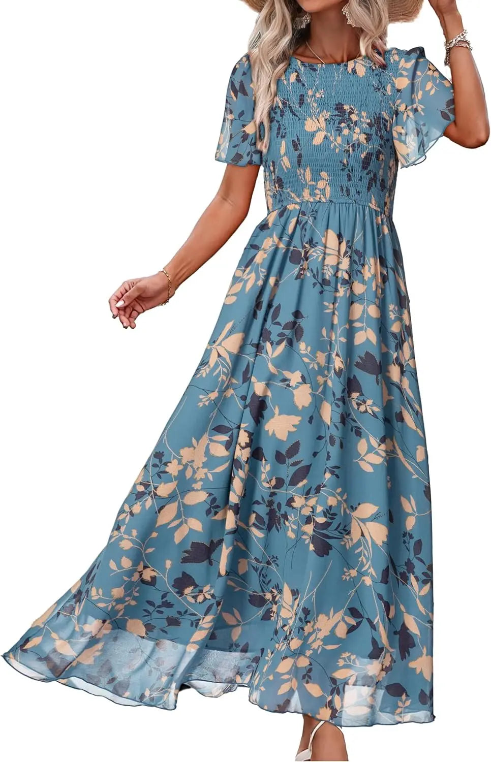 Womens Casual Floral Summer Maxi Dress 2026 Boho Flowy Short Sleeve Crew Neck Vacation Smocked Chiffon Dresses