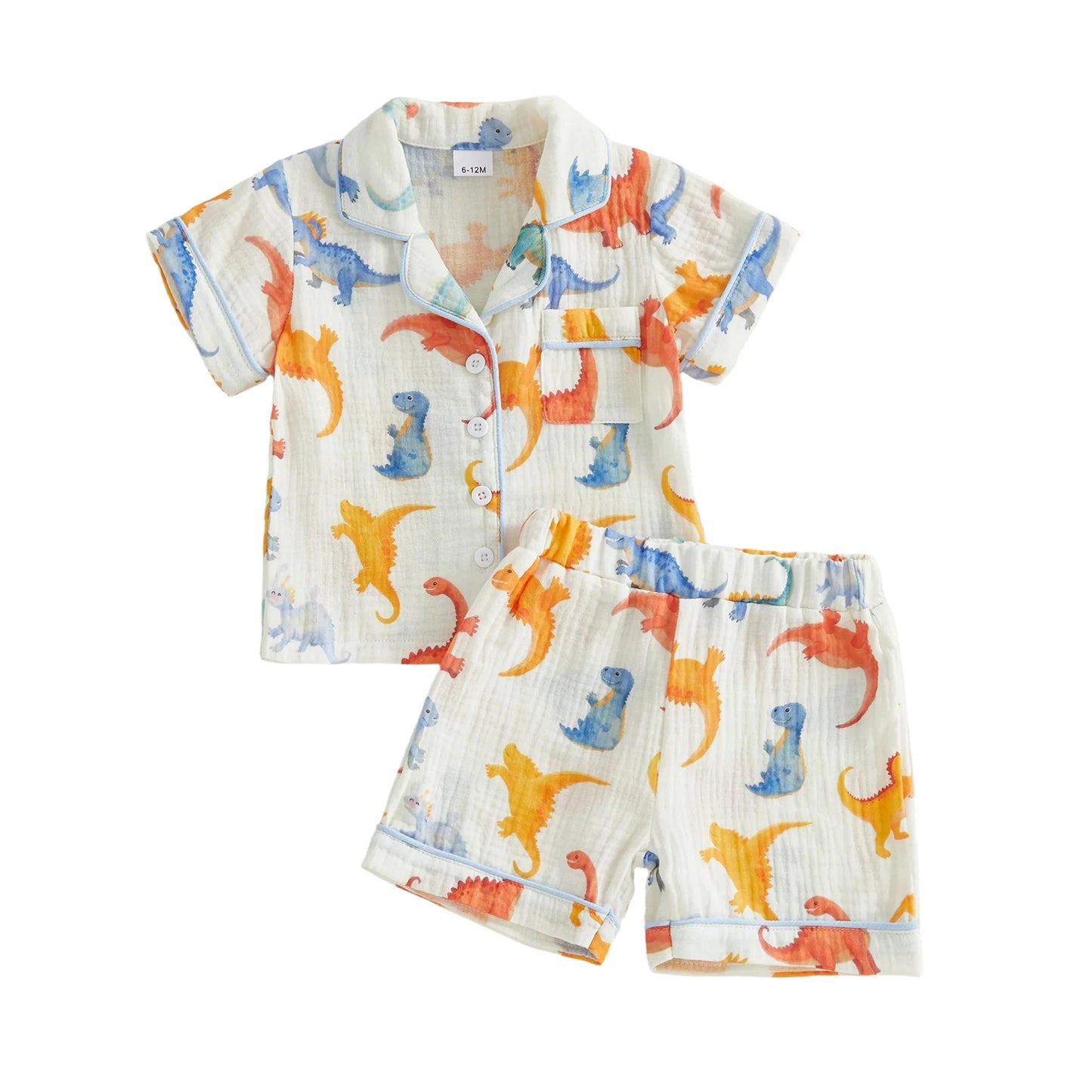 Boy's Summer Ensemble with Fun Dino Tractor Design Stylish Button-Up Lapel V-Neck Shirt and Matching Shorts