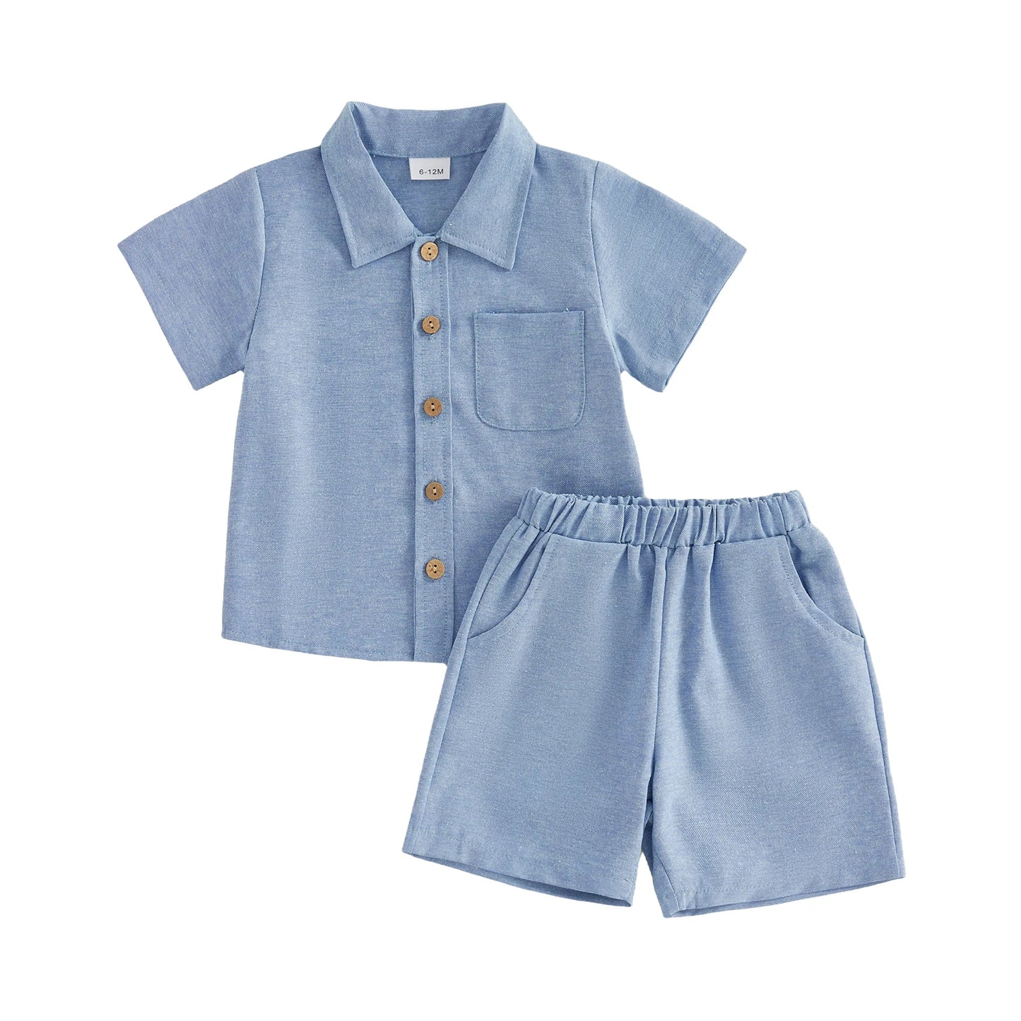 Boys Outfit Set with Short Sleeve Button Up Shirt and Solid Color Shorts