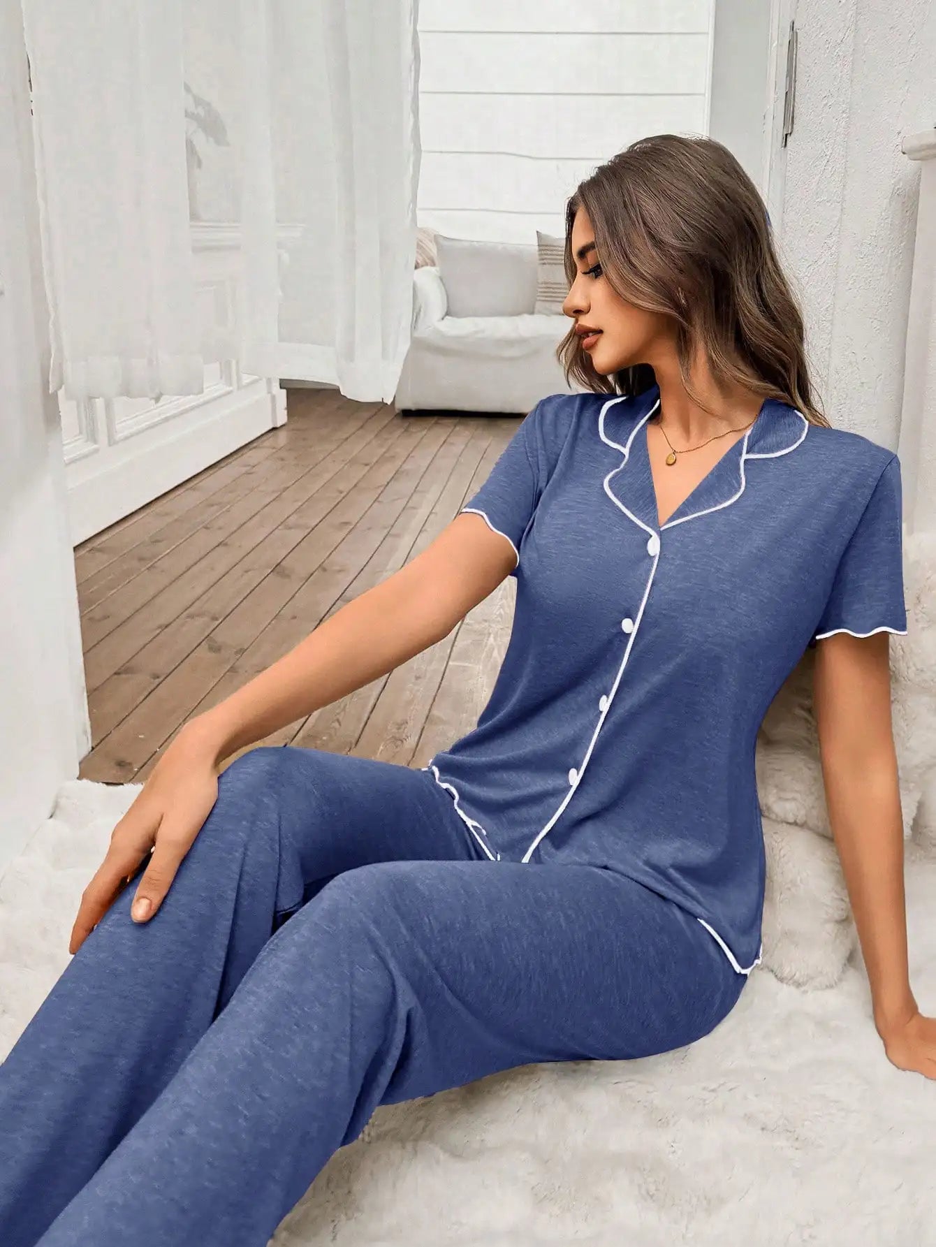 Women's Soft Lightweight Pajama Set with Ruffle Trim, Short Sleeve Top & Pants, Khaki Color
