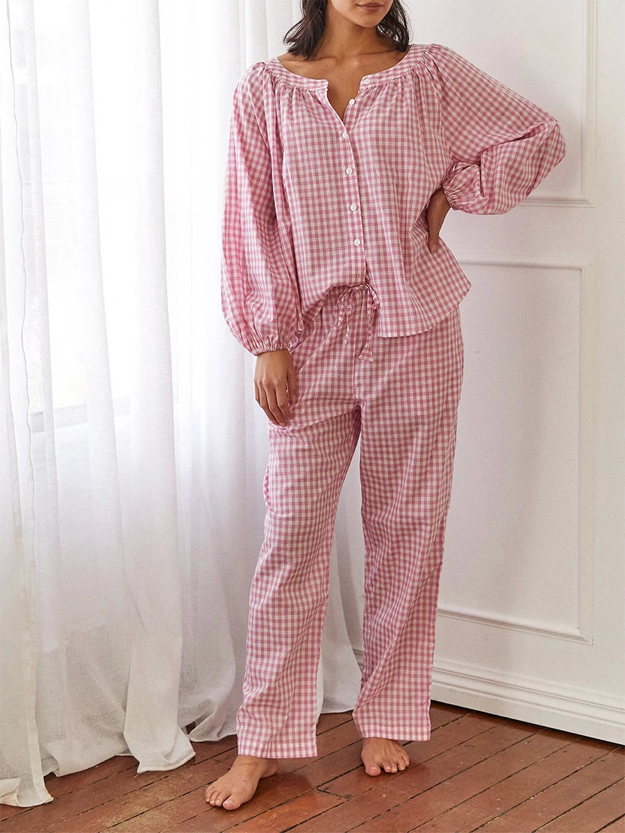 Women s Cozy Plaid Print Pajama Set with Long Lantern Sleeves and Elastic Waistband - Button Down Top and Lounge Pants