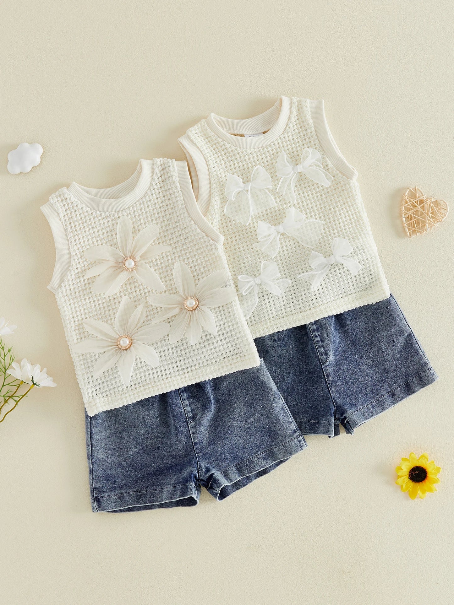 Girls Floral Print Ruffle Sleeve Tunic Top and Stretchy Denim Shorts