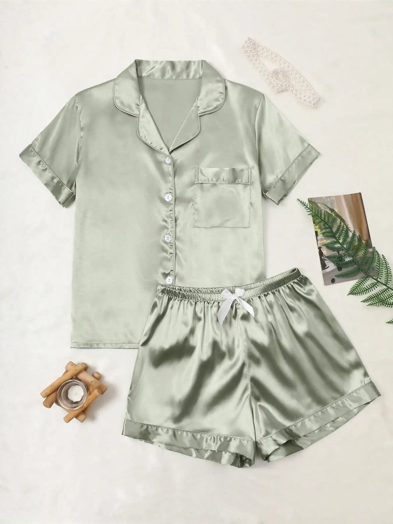 Satin Pajama Set - Short Sleeve Button-Up Top & Shorts