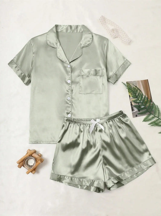 Satin Pajama Set - Short Sleeve Button-Up Top & Shorts