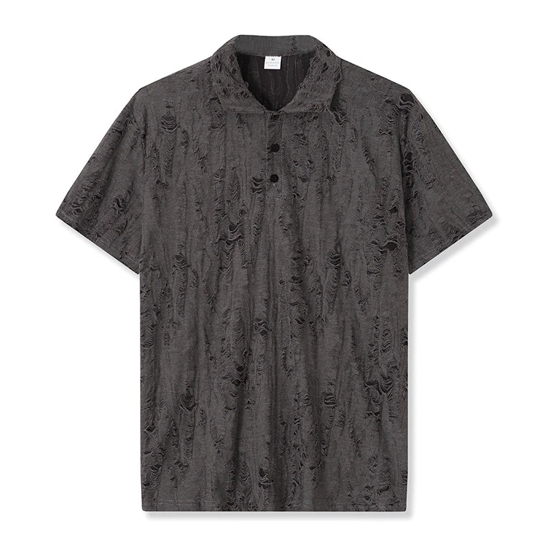 Men s Casual Short Sleeve T-Shirts with Vintage Distressed Texture and Stylish Button Lapel V Neck Design