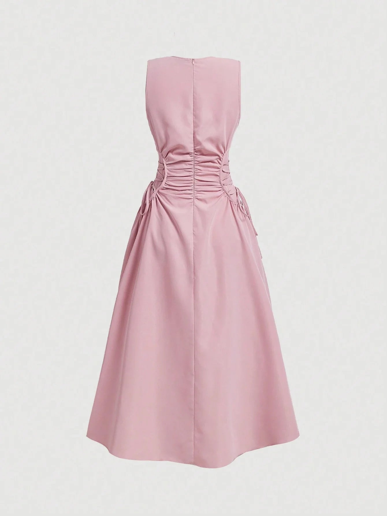Pink Floral Halter Neck Midi Dress With Bow Tie Waist And Full Skirt