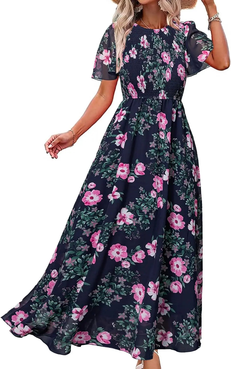 Womens Casual Floral Summer Maxi Dress 2026 Boho Flowy Short Sleeve Crew Neck Vacation Smocked Chiffon Dresses
