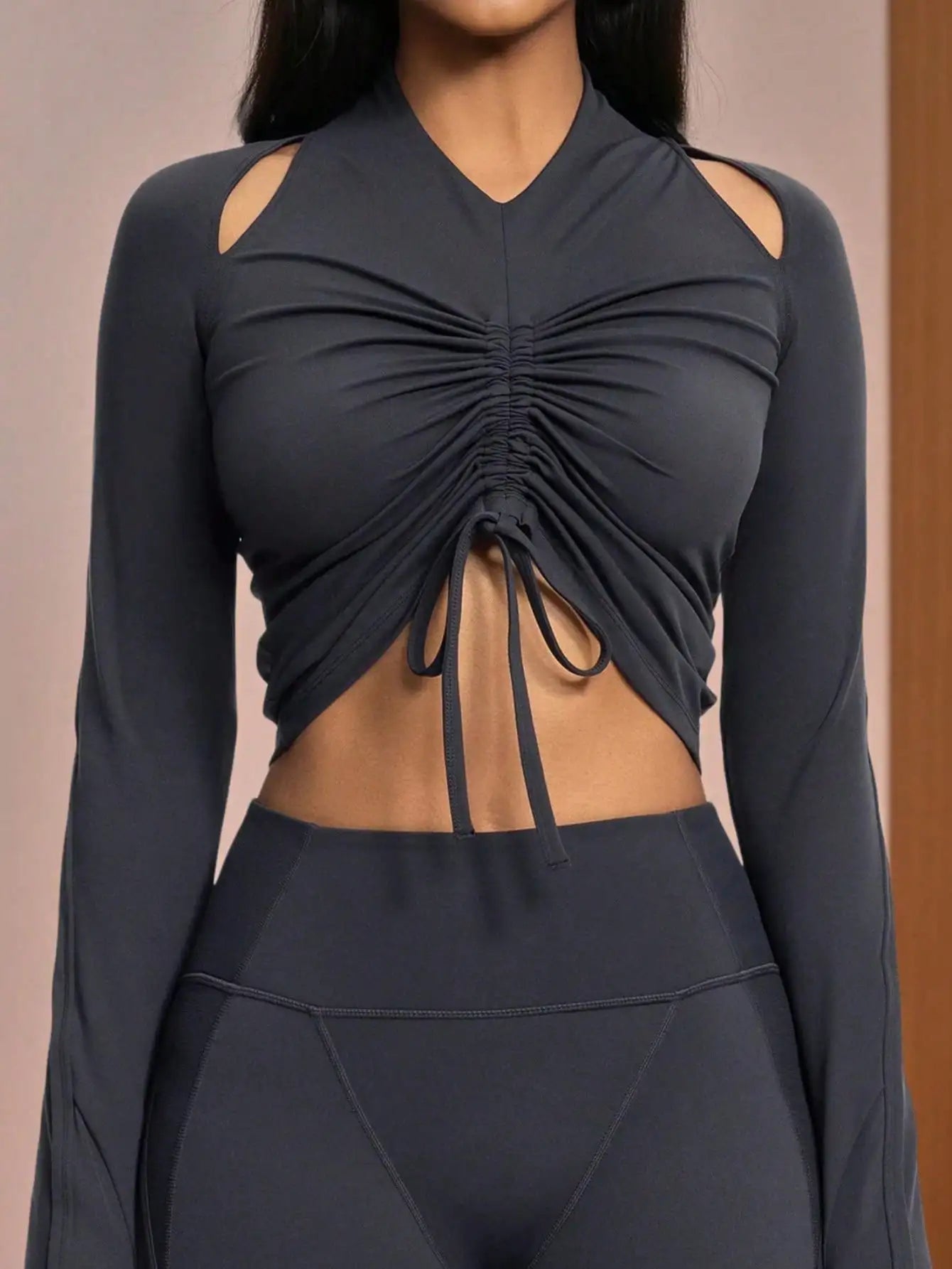 Women's Long Sleeve Tops - Workout Slim Fit Cropped Drawstring Shirts Gym Yoga Outfits