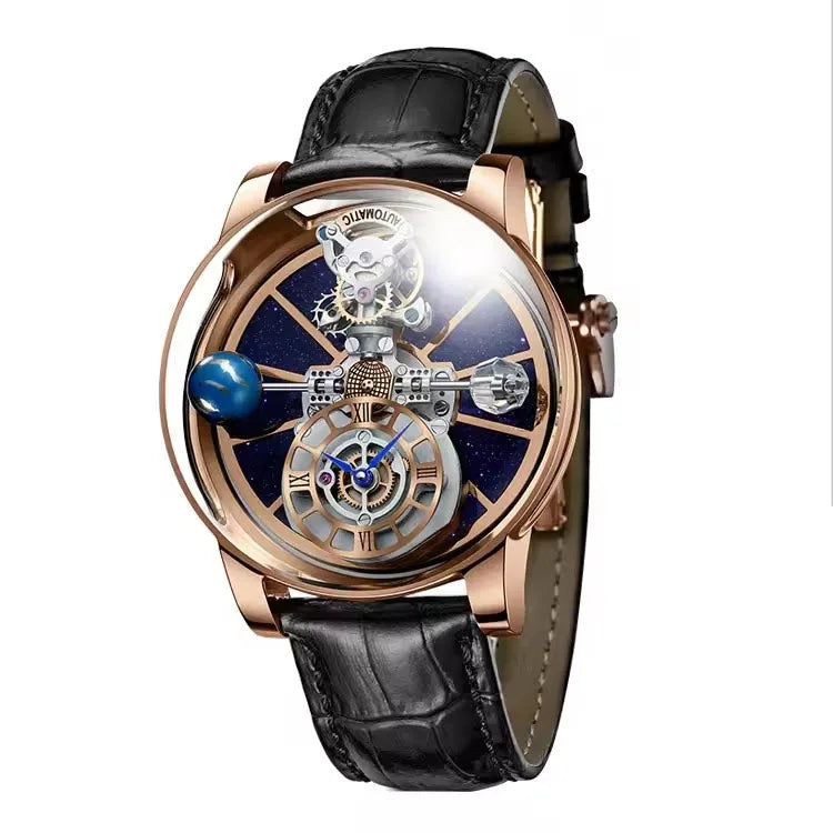 Man Wristwatch Transparent Hollow Design Celestial Roulette Quartz Watches Water Resistant Leather