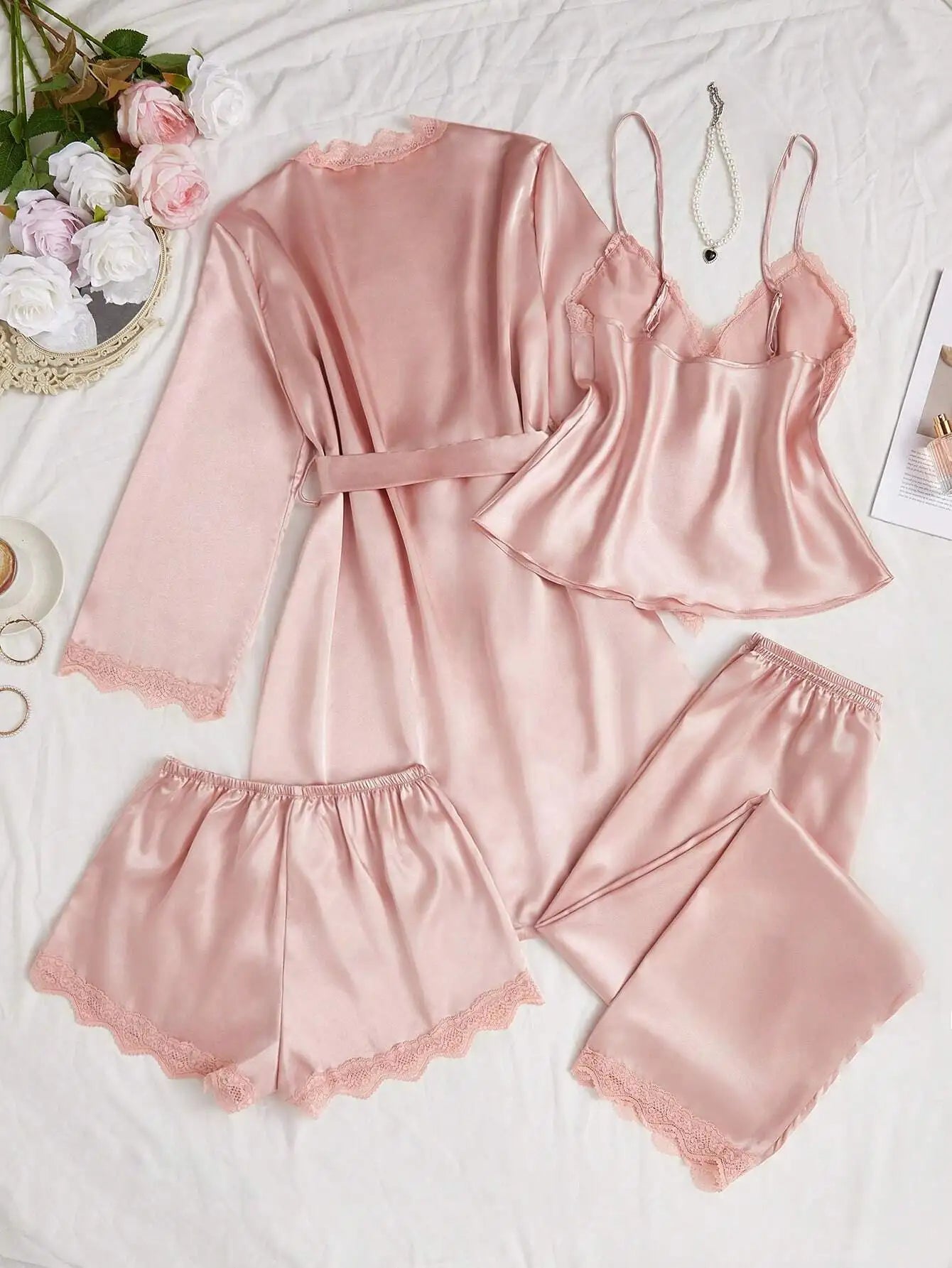 4-Piece Pink Faux Silk Pajama Set with Lace Trim - Cami, Shorts, Pants & Robe for Women