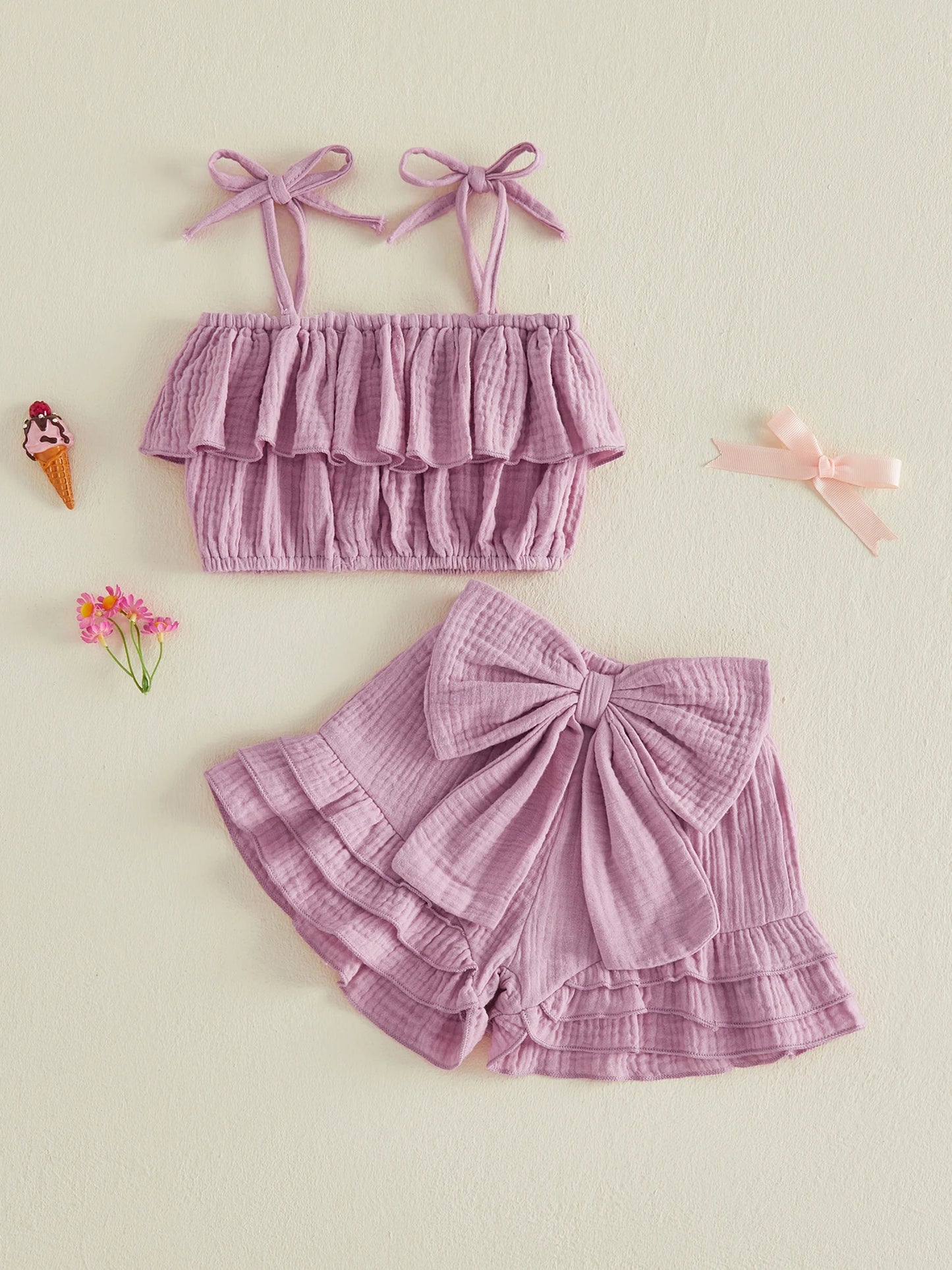 Girls Solid Color Ruffle Crop Cami Top and Shorts Set