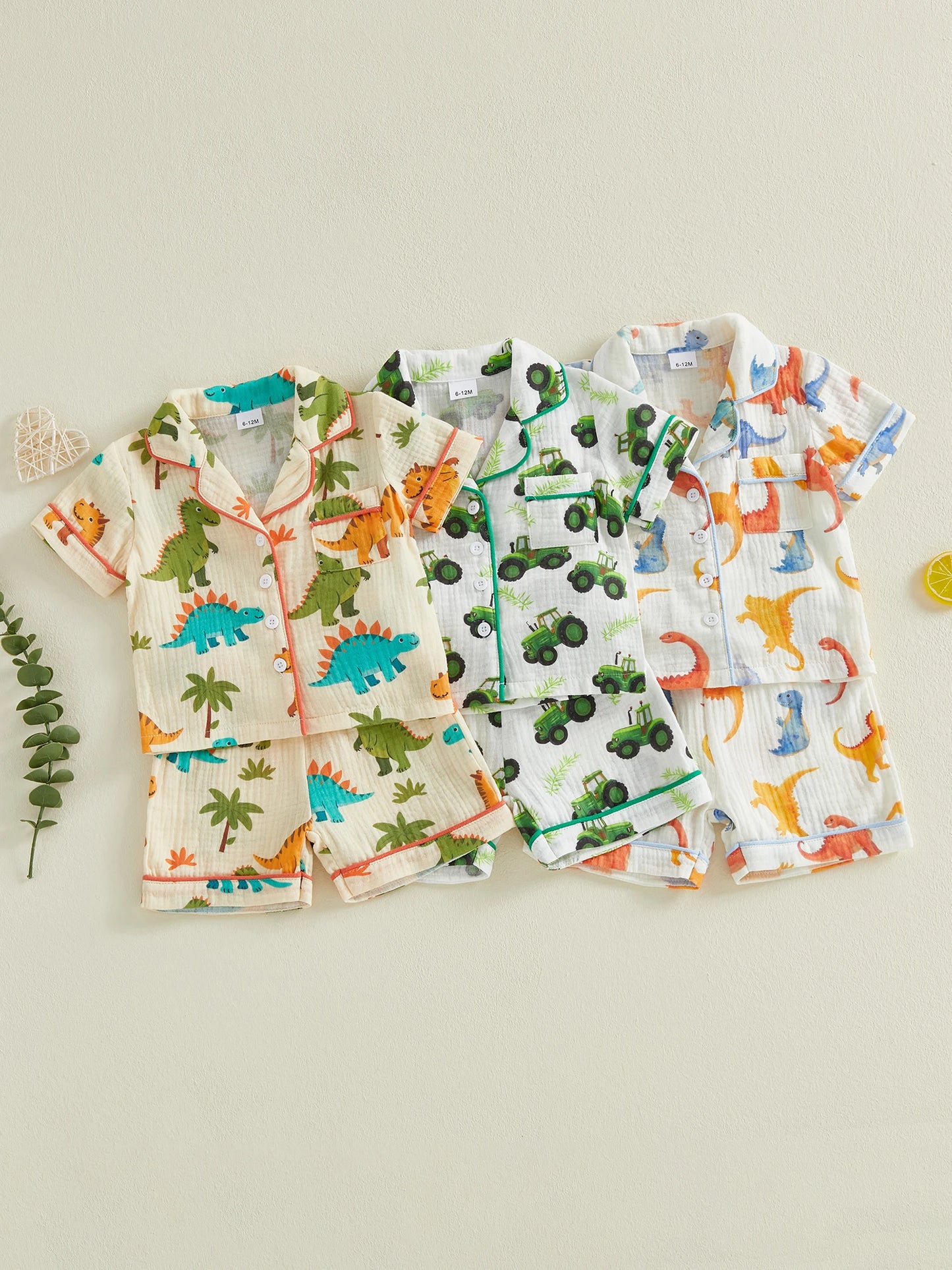 Boy's Summer Ensemble with Fun Dino Tractor Design Stylish Button-Up Lapel V-Neck Shirt and Matching Shorts