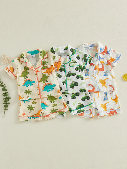 Boy's Summer Ensemble with Fun Dino Tractor Design Stylish Button-Up Lapel V-Neck Shirt and Matching Shorts