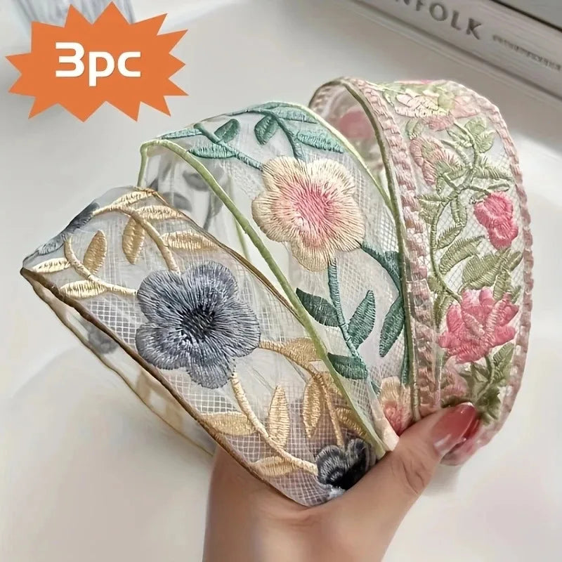 3 Pack Chiffon Embroidered Flower Headband