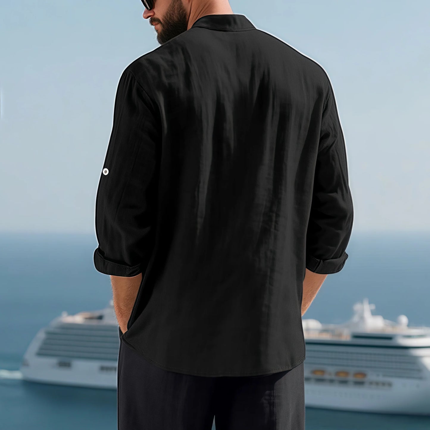 Men White Linen Button Down Long Sleeve Shirt Mandarin Collar Chest Pocket Roll Tab Cuff Loose Oversized & Breathable