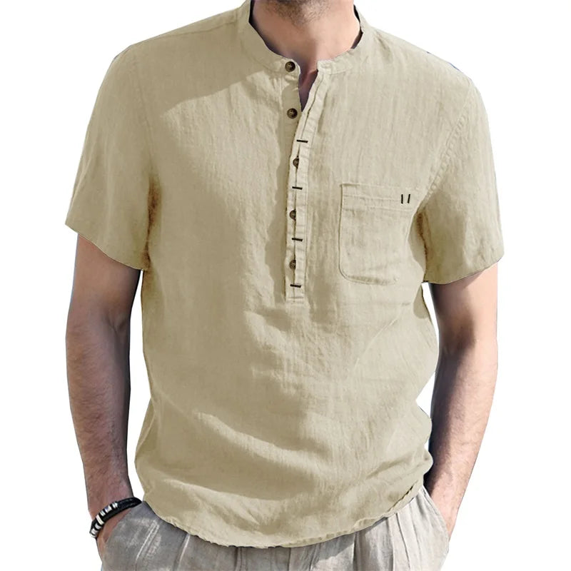 Casual Short Sleeve Linen Shirt Lightweight Breathable with Round Neck