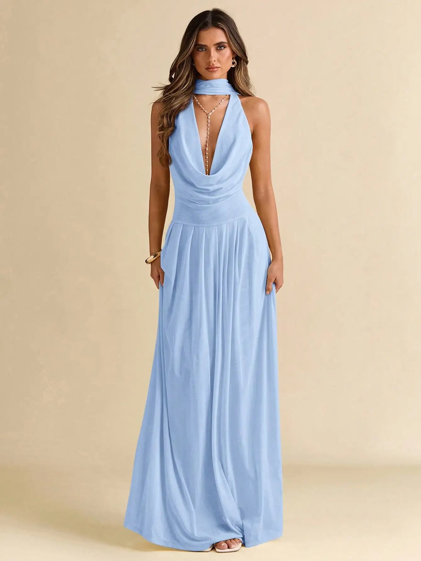 Solid Color Draped Halter Backless Maxi Dress