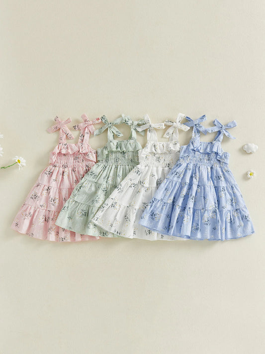 Girls Sleeveless Floral Print A-Line Dress with Tie Shoulder Detail