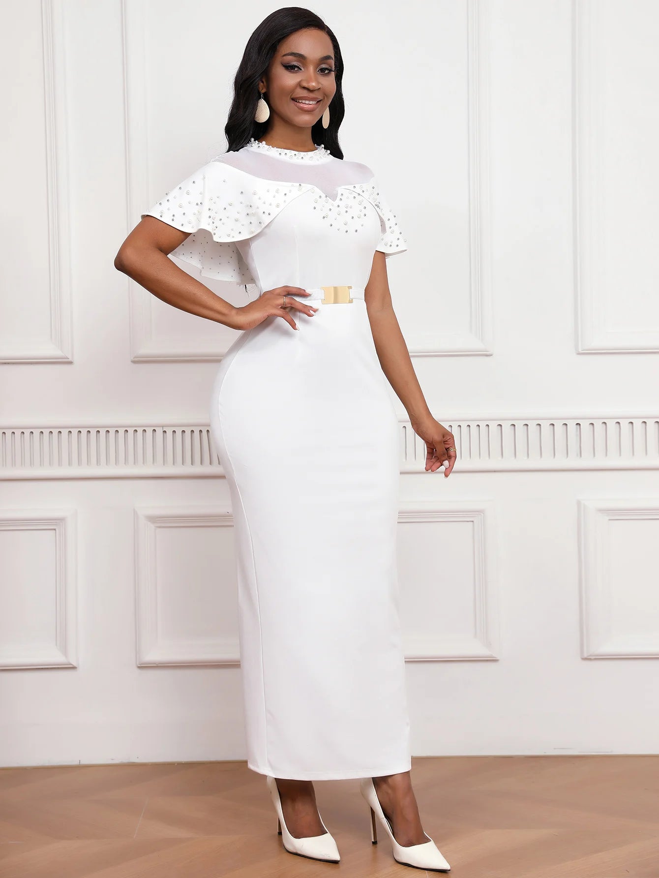 Elastic Dress with Beaded Tulle Shawl Sleeves, Belted, Slim-Fitting, and Pencil Long Skirt