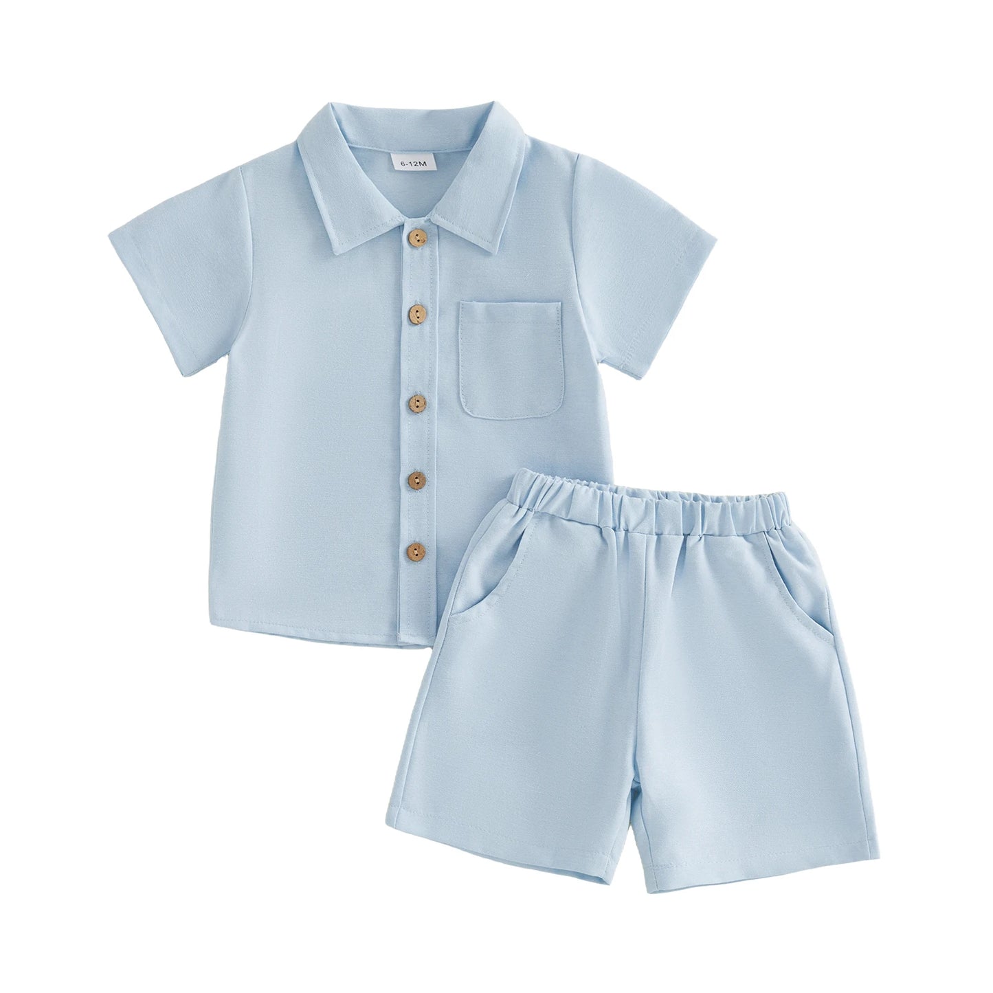 Boys Outfit Set with Short Sleeve Button Up Shirt and Solid Color Shorts