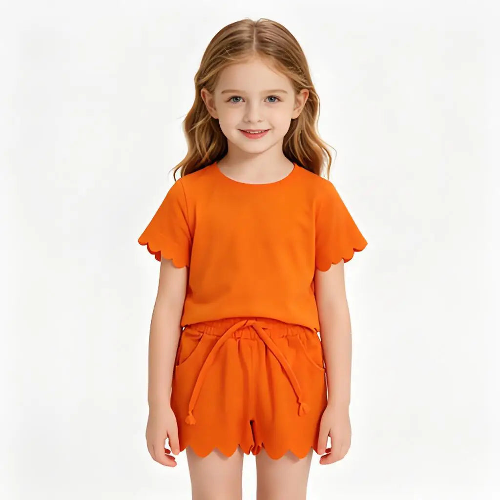 Cotton Clothes Sets with Short Sleeve Top Pockets And Scallop Shorts