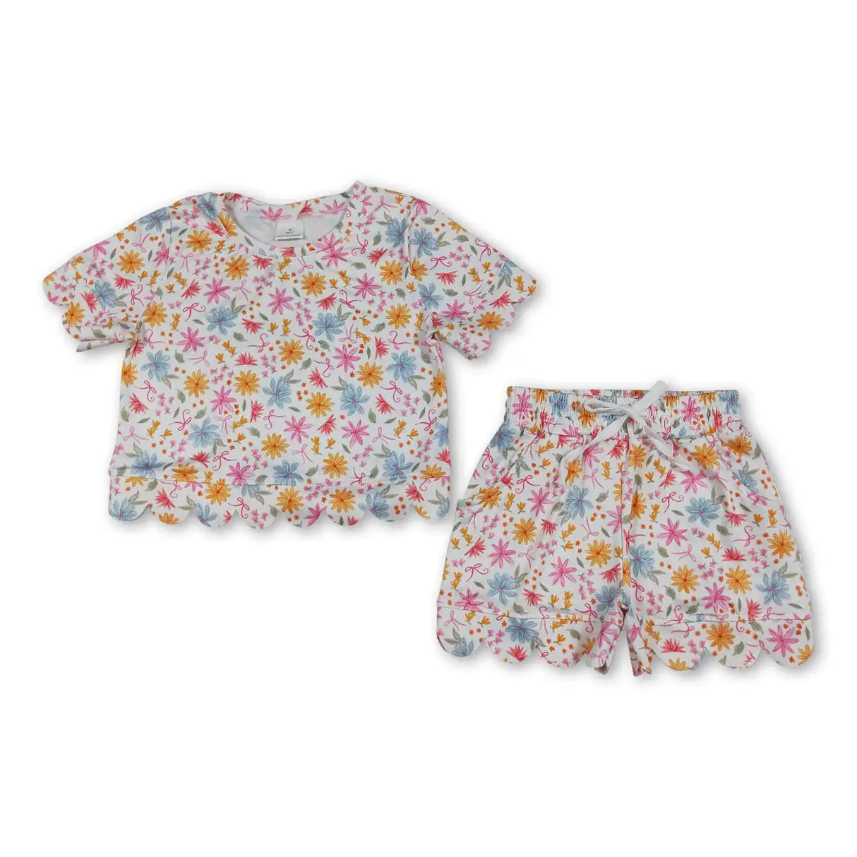 Girls Colorful Flowers Top with Scallop Short Sets