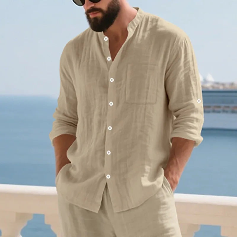 Men White Linen Button Down Long Sleeve Shirt Mandarin Collar Chest Pocket Roll Tab Cuff Loose Oversized & Breathable