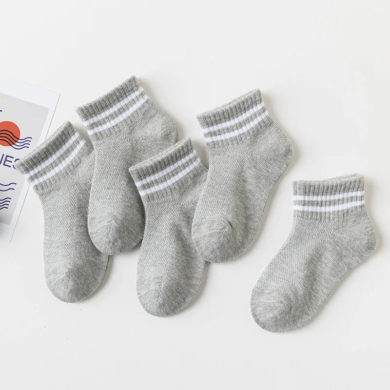 5 Pairs Children  Cotton Socks  Black, White, Gray For 1-12 Years
