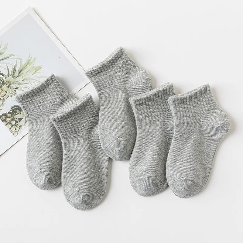 5 Pairs Children  Cotton Socks  Black, White, Gray For 1-12 Years