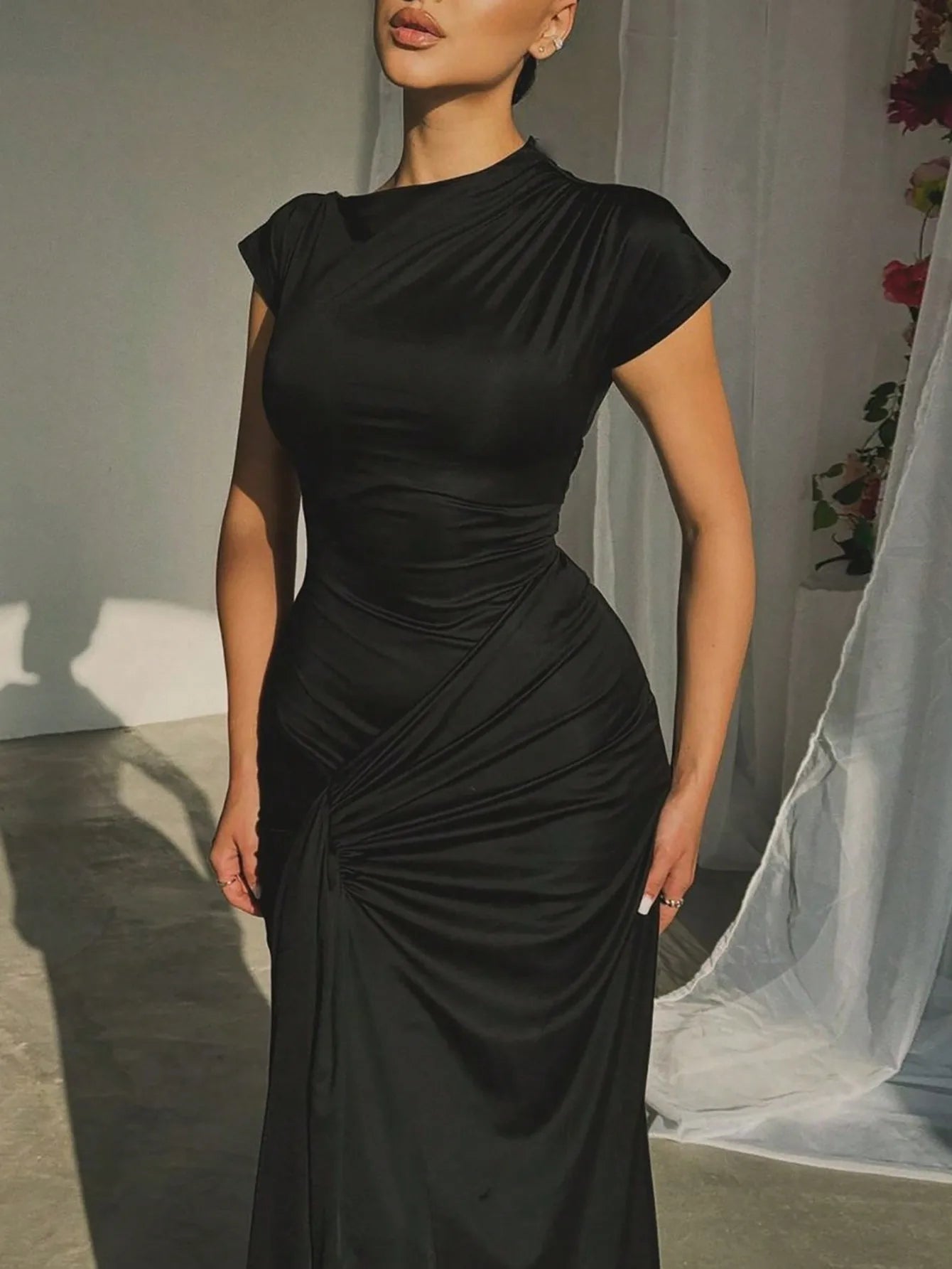 Burgundy Short Sleeve Floor-Length Dress With Draped Detail