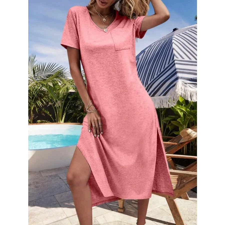 Women's Short Sleeve V Neck Maxi Dresses Loose Side Slit Long T shirt Dress With Pockets
