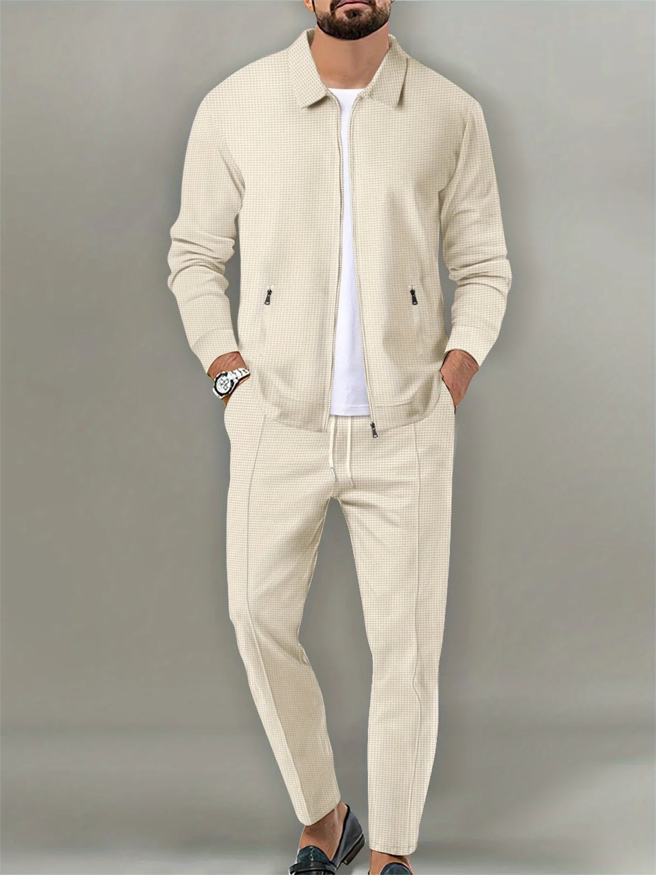 Men's coat, waffle, zipper pocket, lapel, slim cardigan, Men's jacket set