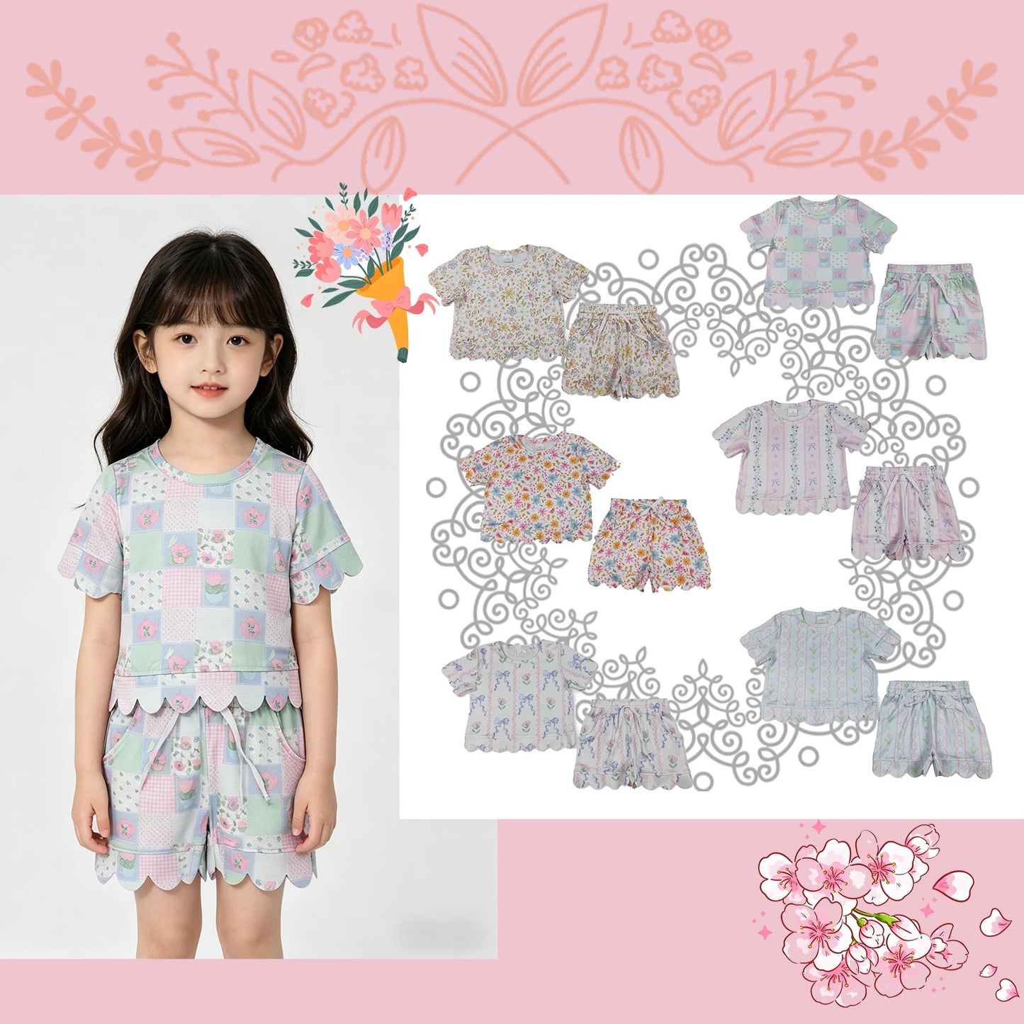 Girls Colorful Flowers Top with Scallop Short Sets