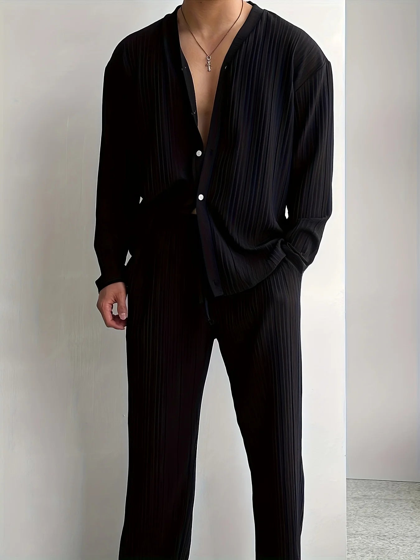 Casual button-down shirt long sleeve pants cool men's commuter two-piece set