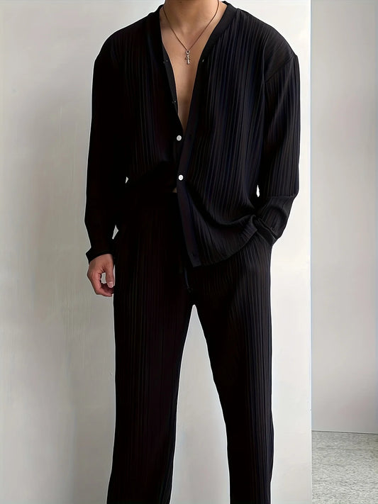 Casual button-down shirt long sleeve pants cool men's commuter two-piece set