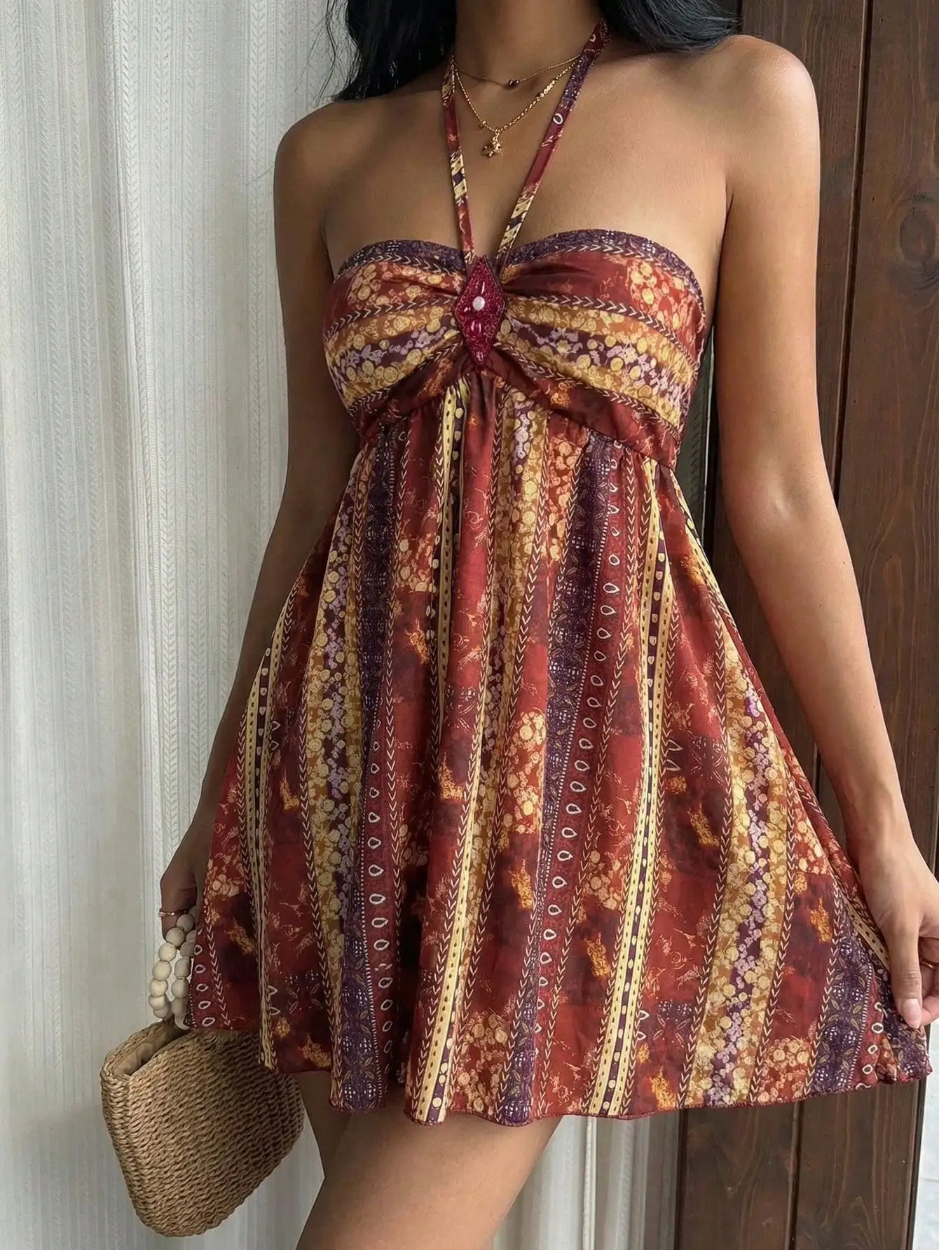 Paisley Print Sequin Rhombus Halter Mini Dress